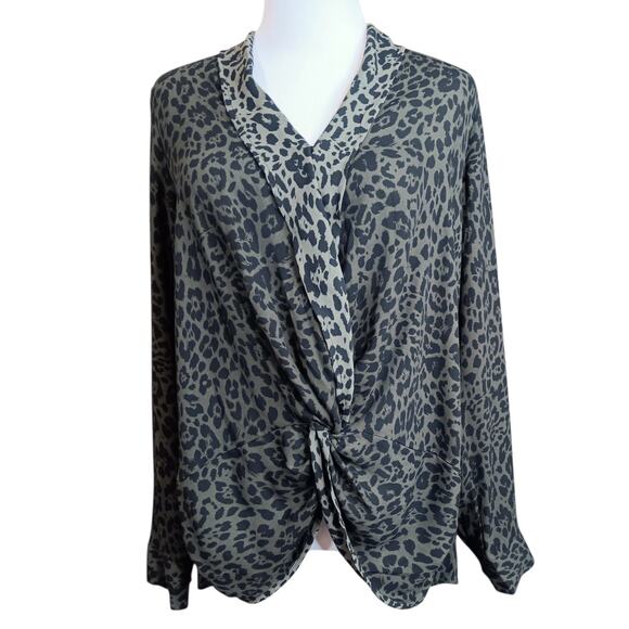 NEW EXPRESS Draped V-Neck Blouse Top Medium Green Black Animal Print Career Work - Picture 8 of 9